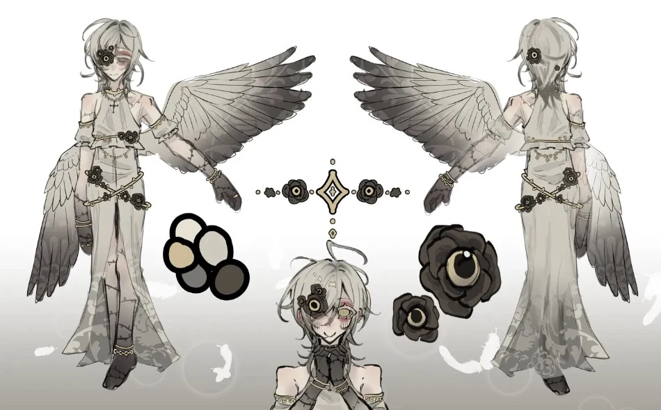 Full character reference sheet of Grace, a winged figure with grey feathered wings and dark rose motifs